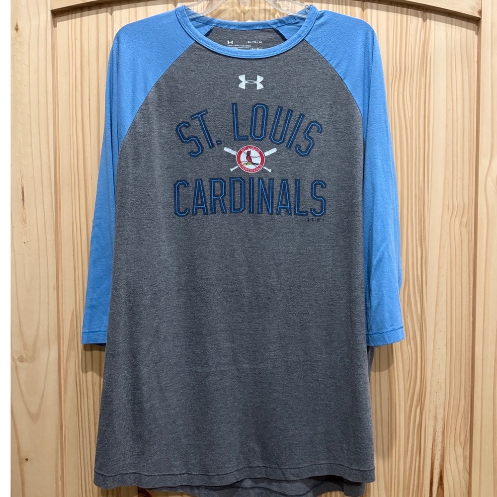 Under Armour St Louis Cardinals Baseball Tee Womens XL Grey Blue Raglan Top